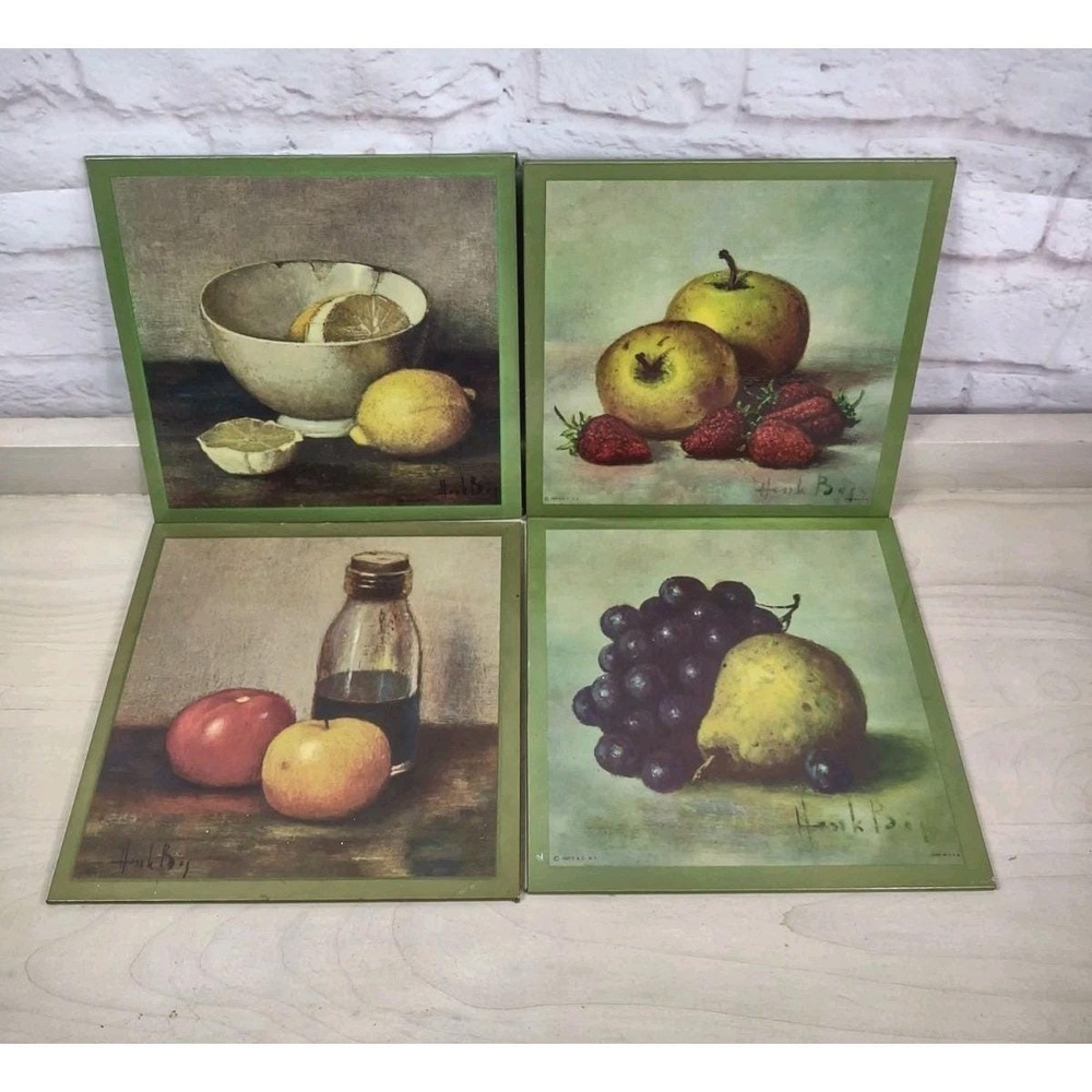 4 Henk Bos Fruit Litho Prints Still Life Wall Hangings Vtg 60s Felt Back 8x8 SEE